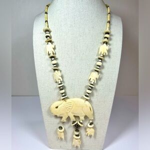 Vintage Carved Bone Elephant Beaded Saucer disk Necklace Brass Safari Handmade